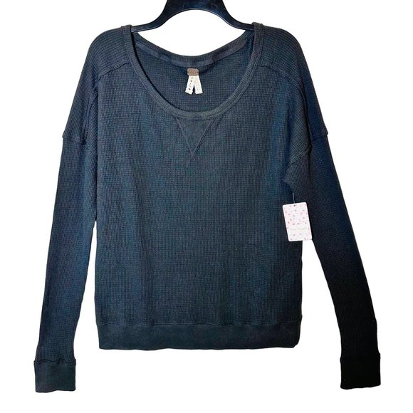 We The Free/Free People Waffle Weave Black L/S Top - Size L - NWT - Picture 1 of 8